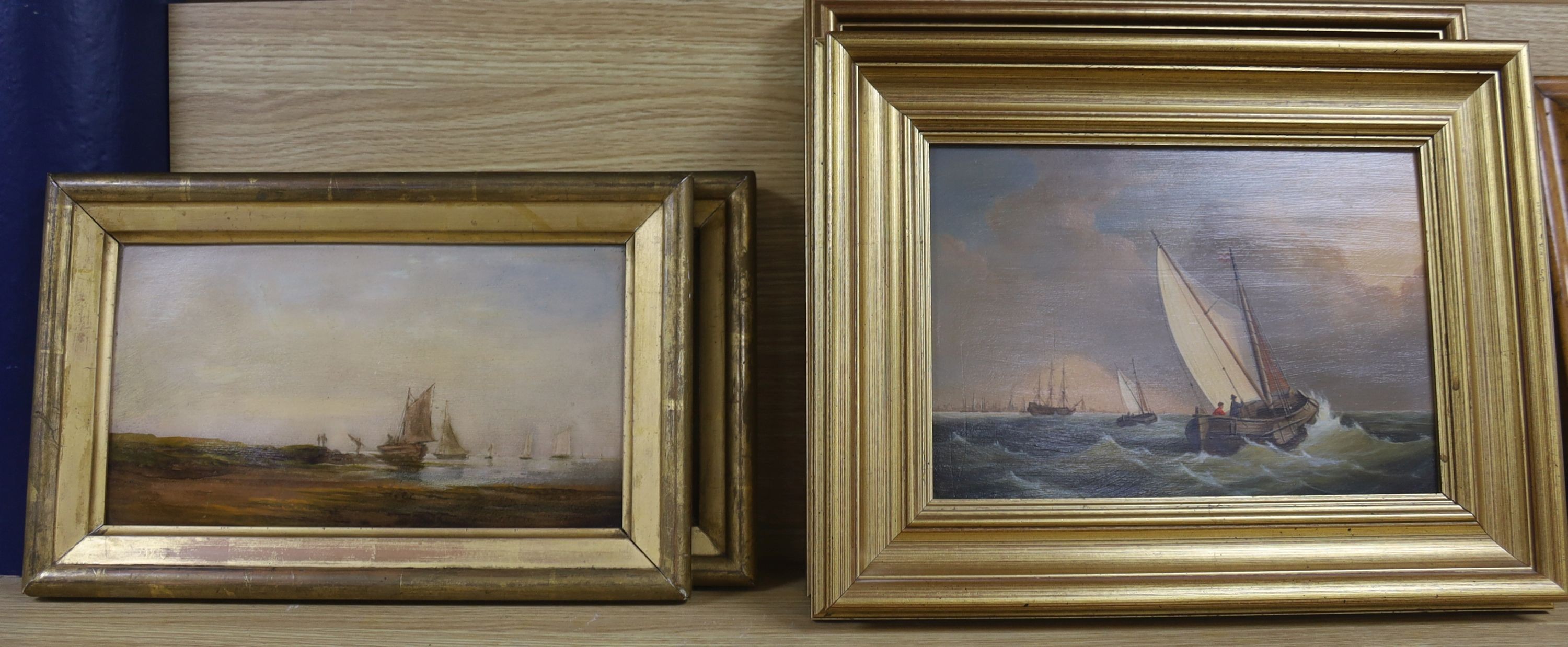 Dutch School, oil on panel, Sail barge and other shipping off the coast, 18 x 26cm, a winter landscape and a pair of oils of fishing boats by Bernard Page (1927-1988)